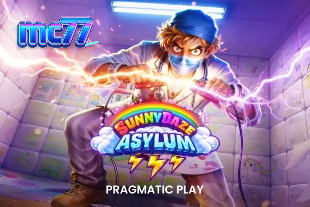 Tampilan visual slot Sunnydaze Asylum dengan tema neon dan institusi medis.
